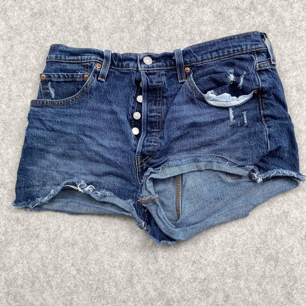 Levis 501 Shorts Womens 32 (31x2.5) Blue Distressed Denim Cutoff Button Fly